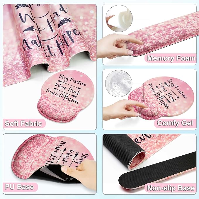 Desk Mat Set + Keyboard and Mouse Pad with Wrist Rest Support,4-in-1 Large Mousepad Computer Mats for Desktop Home & Office-Glitter Pink
