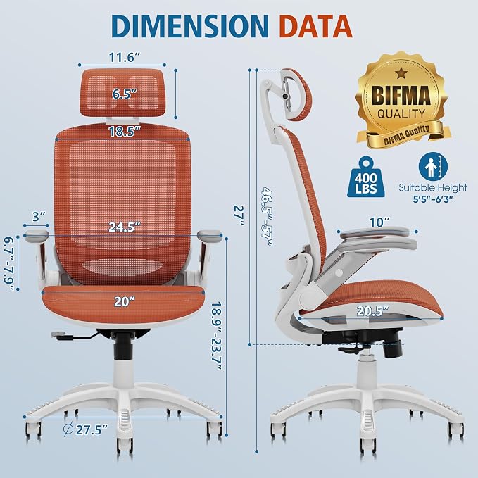 GABRYLLY Ergonomic Office Chair, High Back Home Desk Chair with Headrest, Flip-Up Arms, 90-120° Tilt Lock and Wide Cushion, 400LBS Mesh Chairs for Man Woman, White Task Chair(Orange,GY01WOR)