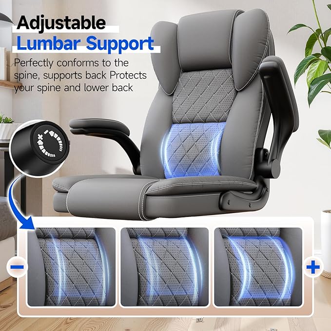 naspaluro Ergonomic Office Chair, Executive PU Leather Chair, Computer Desk Chair with Adjustable Lumbar Support Flip-up Arms, Executive Task Chair, Office Chairs for Home Office, Big and Tall, Gray