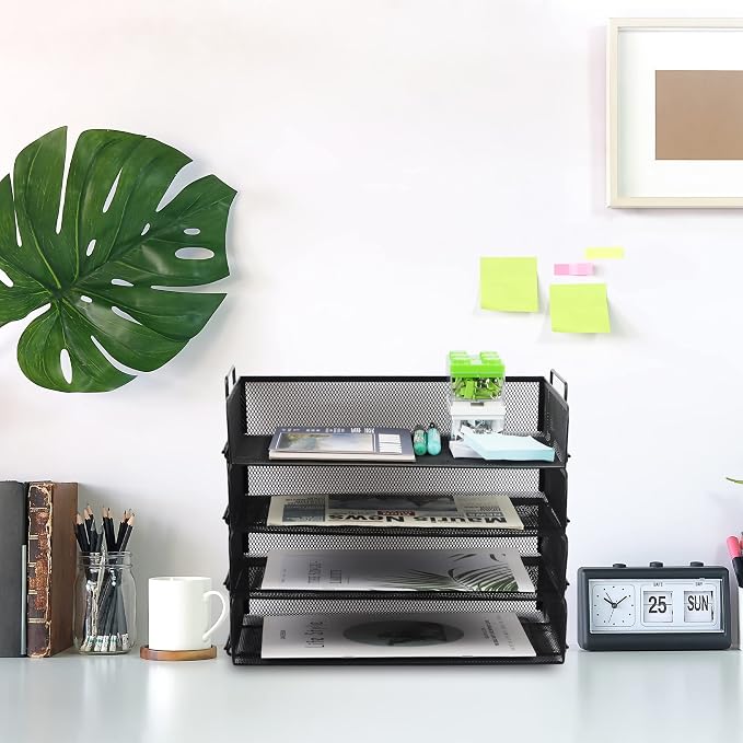 4 Pack Stackable Desk Paper Tray, Metal Mesh Desktop Document Letter File Organizer for Office Home School, 13.5'' L x 9.75'' W x 11'' H, Black