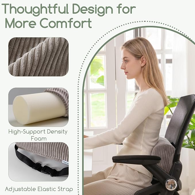 HIGOGOGO Lumbar Roll Lumbar Support Pillow for Office Chairs, Cars, and Gaming Chairs, Back Cushion with Washable Cover & Adjustable Strap to Relieve Back Pain and Improve Posture, 15"x6"x5", Grey