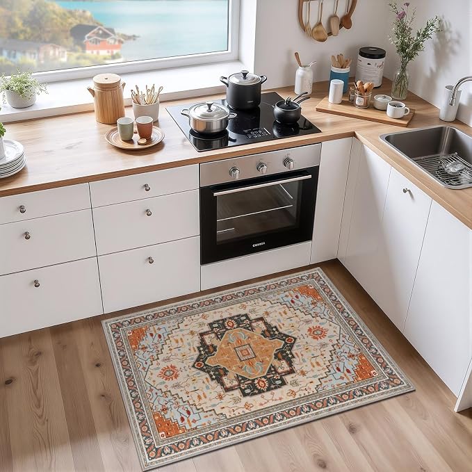 Macgace 2x3 Orange Beige Small Area Rug for Entryway, Soft Washable Rugs with Non-Slip Backing for Bedroom Kitchen, Vintage Throw Carpet Laundry Entry Front Door Decor