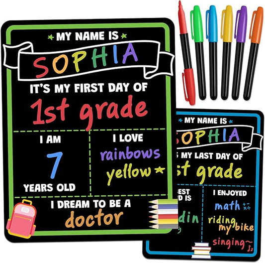 First Day of School Sign Board with Liquid Chalk Markers - 14”x11” Double-Sided & Reusable - My First and Last Day - Back to School Supplies Board for Kindergarten, Preschool