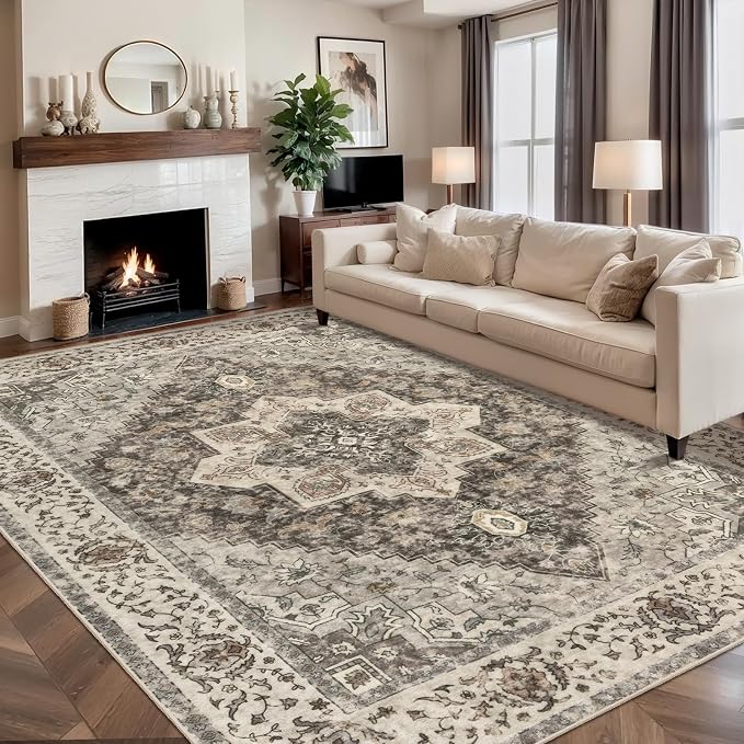 Tangsoo 8x10 Area Rugs for Living Room, Farmhouse Washable Rug Vintage Indoor Non Slip Large Area Rugs, Print Distressed Grey Carpet, Soft Low Pile Foldable Floor for Bedroom Dining Room Dorm Office