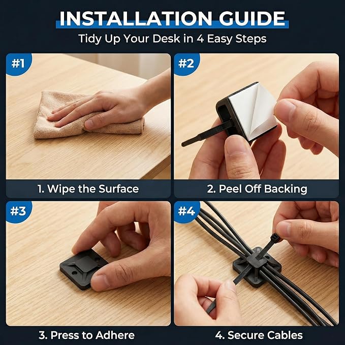 Zip Tie Mounts - SeuYeugX 100PCS Cable Self Adhesive Mounts Set for Wire Management with Stick Pads Anchors Clips Squares Holders (Black)