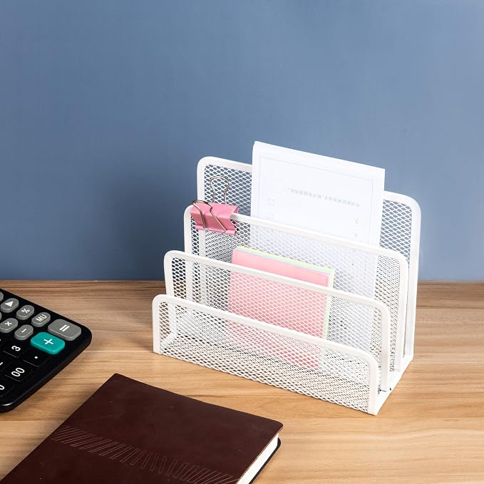 VANRA Small Letter Sorter Desktop File Holder Organizer Metal Mesh with 3 Vertical Upright Compartments (White)