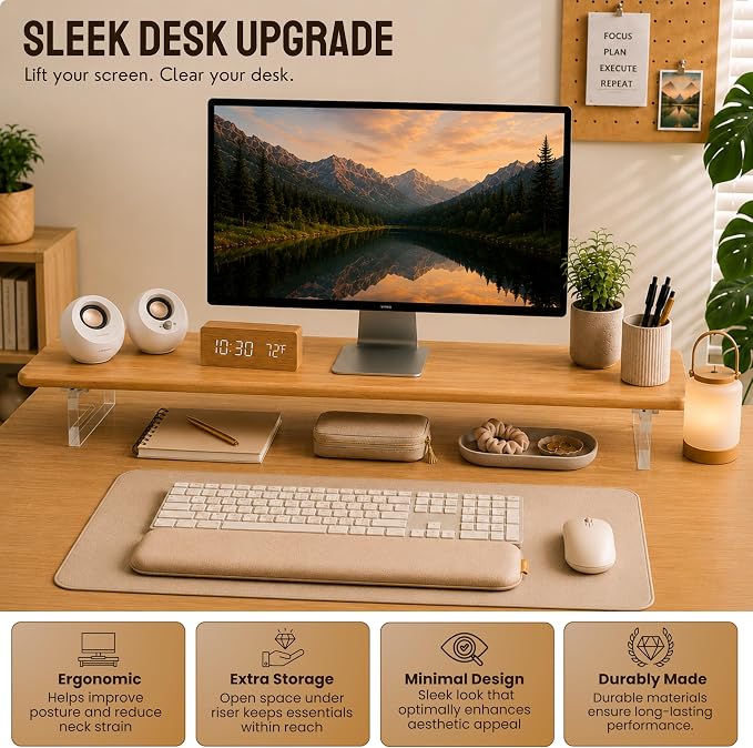 Bamboo Monitor Riser, Wide Desktop Monitor Stand for Desk with Clear Acrylic Legs, 31.5 x 8inch Bamboo Wood Shelf, Fit Keyboard, Home Office Workspace Accessories, Study Stationaries Storage (Natural)