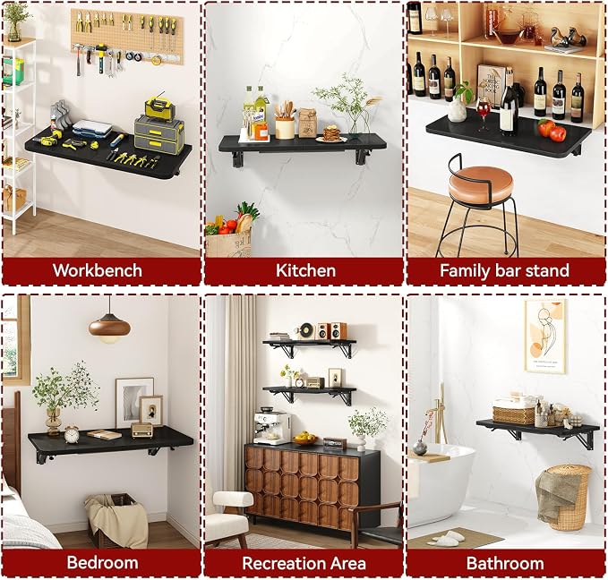 IBUYKE Wall Mounted Folding Table, Floating Wall Desk for Small Spaces, Fold Down Laundry Shelf with Heavy-Duty Brackets, Wall Table for Home Office/Bar/Kitchen/Dining Black UTVT005B
