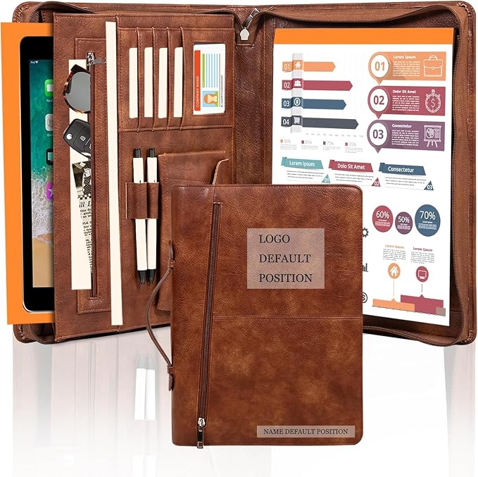 AZXCG Personalized Leather Portfolio,Free Engraved Name,Padfolio for Women Organizer with Zippered, A4 Notepad Holder, Portfolio with Handle,Business Portfolio with A4 Writing Pad,Gift for Men&Women