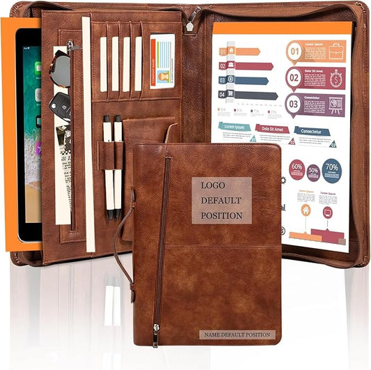 AZXCG Personalized Leather Portfolio,Free Engraved Name,Padfolio for Women Organizer with Zippered, A4 Notepad Holder, Portfolio with Handle,Business Portfolio with A4 Writing Pad,Gift for Men&Women