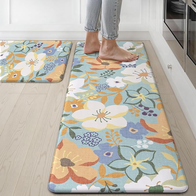 GENIMO Anti Fatigue Kitchen Mats for Floor 2PCS, Cushioned Standing Mats | 17.3"x47"&17.3"x30", Aqua vintage floral rug set, waterproof, non slip, easy-clean for farmhouse