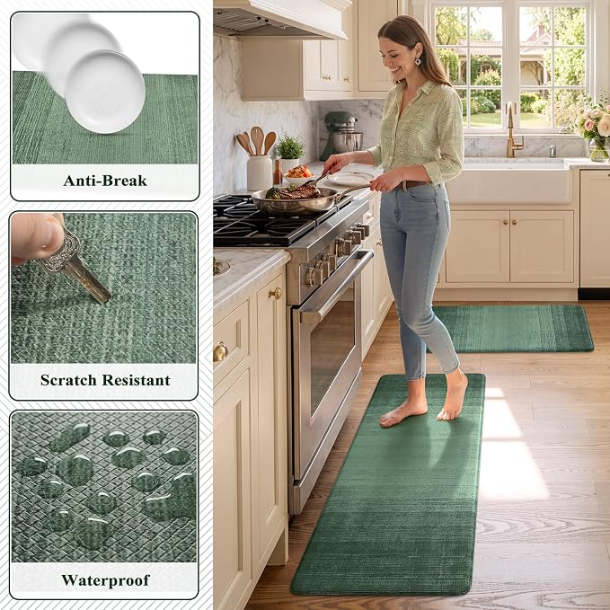 KIMODE Anti Fatigue Kitchen Mats for Floor,Farmhouse Kitchen Rugs Sets of 2 | Green Spring Kitchen Decor,Paded Kitchen Floor Mats,Memory Foam Standing Mat for Laundry Office Desk Dorm RV 17"x47"+17"x29"