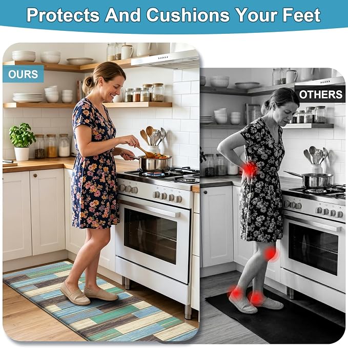 LOKHOM Anti Fatigue Kitchen Mats for Floor, 24x59 Non Slip Modern Cushioned Standing Comfort Kitchen Runner Rug, Waterproof Geometric Patchwork Memory Foam Padded for Sink Laundry Office, Teal