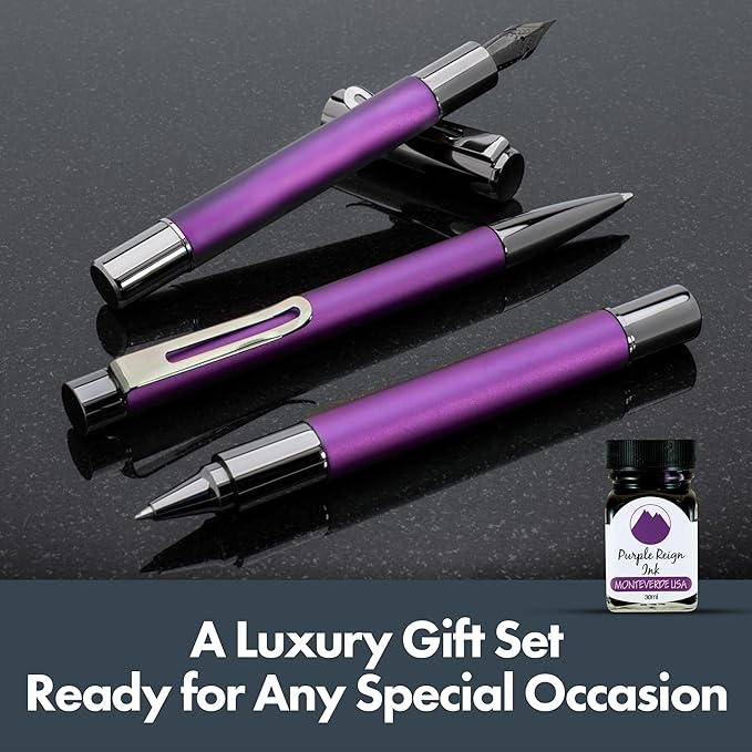 Monteverde Ritma 3+2 Piece Gift Set, Purple - Includes Broad Nib Fountain Pen, Rollerball, Ballpoint, 30ml Ink & Refill - Premium Writing Set for Professionals & Collectors