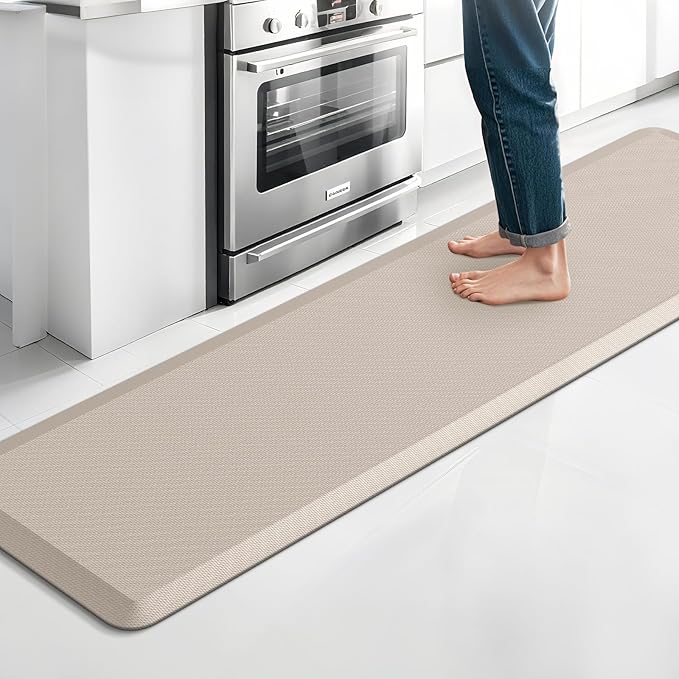 TranquilRelax Kitchen Mat, Cushioned Thick Floor Comfort Mat, with Non-Slip Bottom, Waterproof & Stain Resistant & Easy Clean, Standing Desk Mat for Kitchen, Sink, Office (17.3''x60'', Khaki)