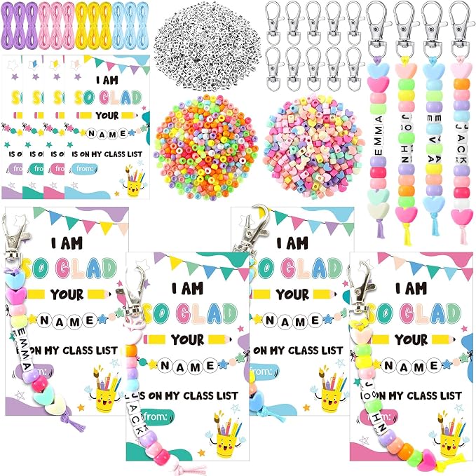 Cunno 1446 Pcs 36 Set Back to School DIY Bead Keychain Making Kit Key Chain Crafts Alphabet Bead Jewelry Key Ring Welcome First Day of School Gift Swaps Graduation Party Favors(Modern Pastel)