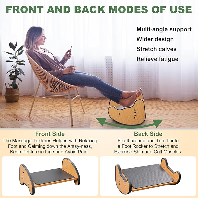 Rocking Foot Rest for Under Desk at Work - 3 Adjustable Heights Wooden Office Footrest, Two Mode of Use Foot Stools with Large Anti-Slip Surface, Ergonomic Foot Stool for Home Office Gaming