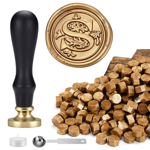 Yoption Traditional Initial Alphabet Wax Seal Stamp with 120 Antique Gold Wax Seal Beads Kit for Wedding Engagement Party Invitation Envelope Christmas Gift Wrap - Letter S