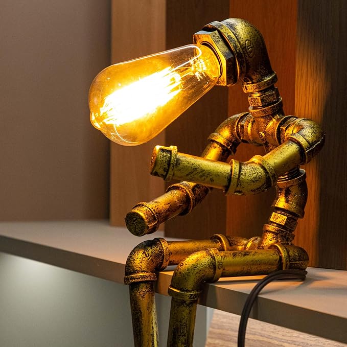 Steampunk Table Lamp, Vintage Industrial Metal Robot Table lamp, Water Pipe Table Lamp, Steam Punk Pipe Lamp Style Desktop Light for Bar Cafe Desktop Room Decoration