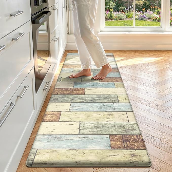 LOKHOM Anti Fatigue Kitchen Mats for Floor, 24x59 Non Slip Modern Cushioned Standing Comfort Kitchen Runner Rug, Waterproof Geometric Patchwork Memory Foam Padded for Sink Laundry Office, Dusty Aqua