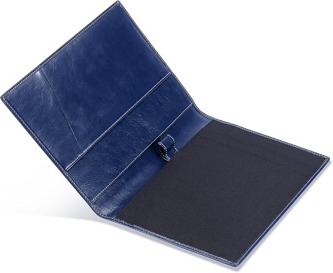 HISCOW Slim Leather Junior Padfolio, 5x8 Notepad Cover, Antiqued Blue | Full-grain buffalo leather, top-loading legal pad holder, rigid pen loop, quick-access card slot, zipperless boardroom design