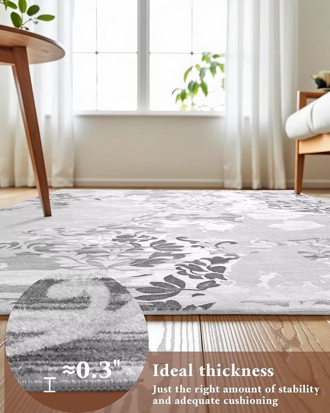 Macgace Washable Abstract Rug, 4x6 Classic Grey and White Floral Area Rugs with Non-Slip Rubber Backed for Bedroom, Low Pile Modern Throw Carpet Kitchen Living Room Decor
