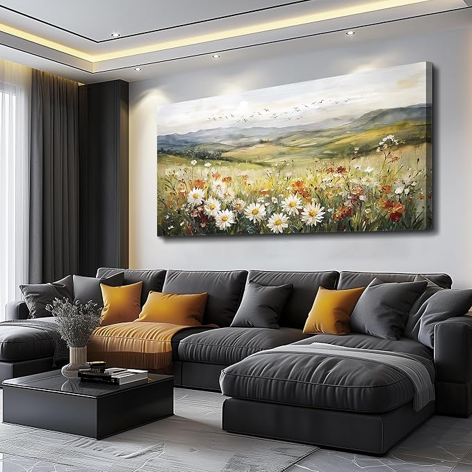 FUHAIHUA Canvas Wall Art For Living Room Large Framed Wall Decor For Office Modern Bedroom Decorations Prairie Flowers Landscape Pictures Farmhouse Paintings Artwork Aesthetic Home Decor 30" x 60"