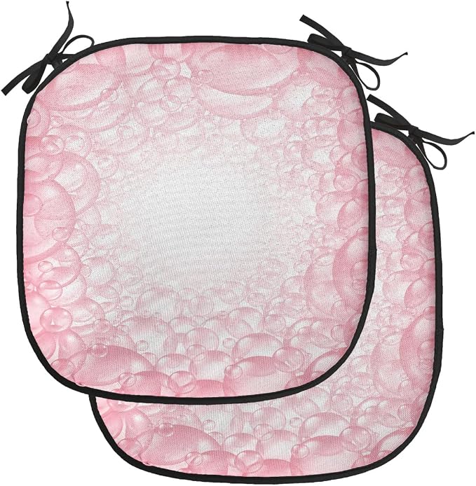 Lunarable Cartoon-Chair Cushion Pads Set of 2, Different Size Bubbles Pattern Delicate Foam Circular Washing Theme Art, Anti-Slip Seat Padding for Kitchen,Patio, 16"x16", Pink and White