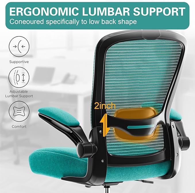 Mimoglad Office Chair, High Back Ergonomic Desk Chair with Adjustable Lumbar Support and Headrest, with flip-up Armrests for Guitar Playing, 5 Years Warranty (Modern, Dark Green(Black Frame))
