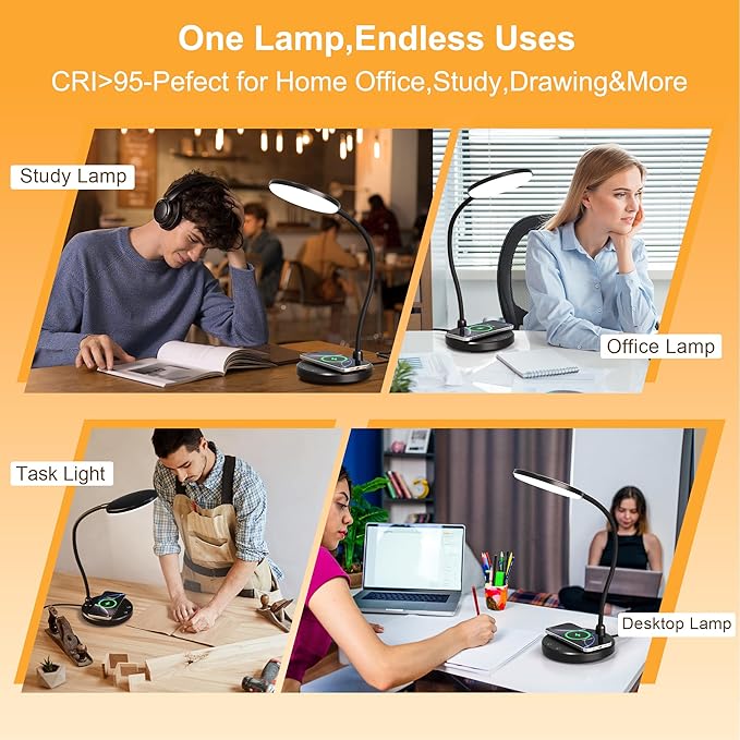 Desk Lamp for Home Office, Small Desk Lamp with Wireless Charger, Dimmable 3 Color Modes Study Lamp, Adjustable Neck 800LM Eye-Caring Desk Light, Bedside, College Dorm, Adapter Included