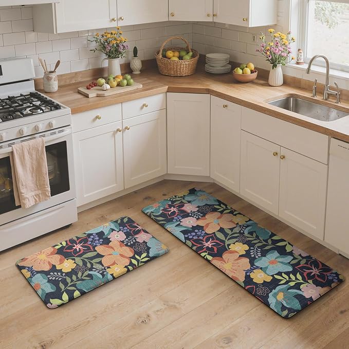 GENIMO Anti Fatigue Kitchen Mats for Floor 2PCS, Cushioned Standing Mats | 17.3"x47"&17.3"x30", Light Black vintage floral rug set, waterproof, non slip, easy-clean for farmhouse