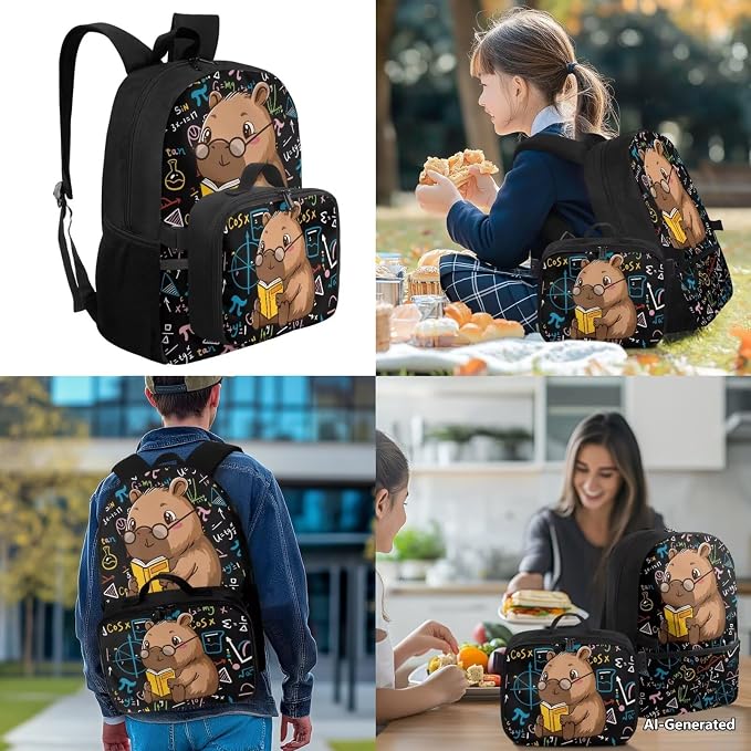 Doojoayie Cute Capybara 2nd Grade Backpack Girls Lightweight Backpacks for Girls with Lunch Box 17 inch Bookbag with Multiple Pockets Compartments for Kindergarten Book Theme