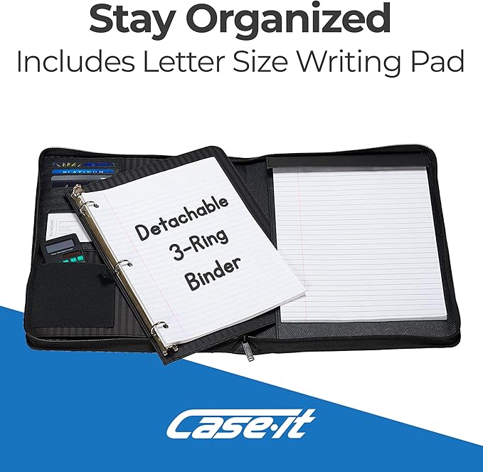 Case-it Executive Zipper Padfolio with Removable 3-Ring Binder and Letter Size Writing Pad, Pebbled Faux Leather Black (PAD-40)