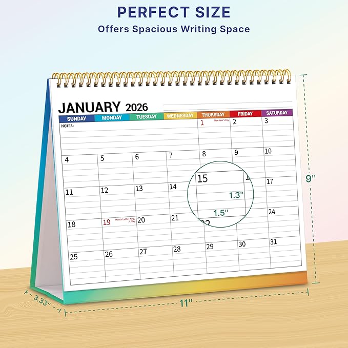 Desk Calendar 2026, Desktop Calendar 2026 Standing flip, 8.5’’ x 11’’, Jan 2026 - Dec 2026, Stand Up Calendar with Memo Pages, Large Ruled Blocks, Holidays, Thick Paper, Great for Home, School, Office