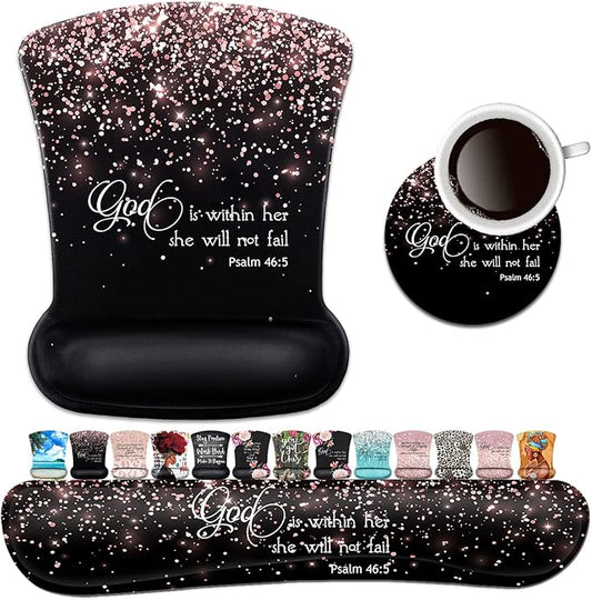 Keyboard Wrist Rest Pad and Ergonomic Mouse Pad Wrist Support Set Psalm 46:5 God is Within Her,She Will Not Fall Rose Gold Black for Gaming,Office,Comfortable and Pain Relief with Coaster Set
