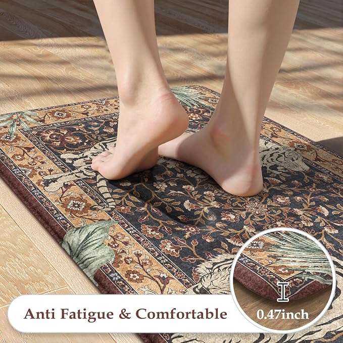 KIMODE Anti Fatigue Kitchen Mats for Floor 2 Piece, Farmhouse Puce Red Kitchen Rugs, Cushioned Kitchen Floor Mats, Tiger Memory Foam Standing Desk Mats for Laundry Office Sink 17"x47"+17"x29"