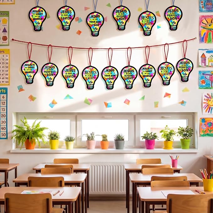 48PCS Sunday School VBS Crafts Bulk: Paper Lightbulb Cross Nativity Suncatchers, Religious Christian Activity DIY Kits Church Decorations, Window Stained Glass Effect Art Supplies(Jesus Style)