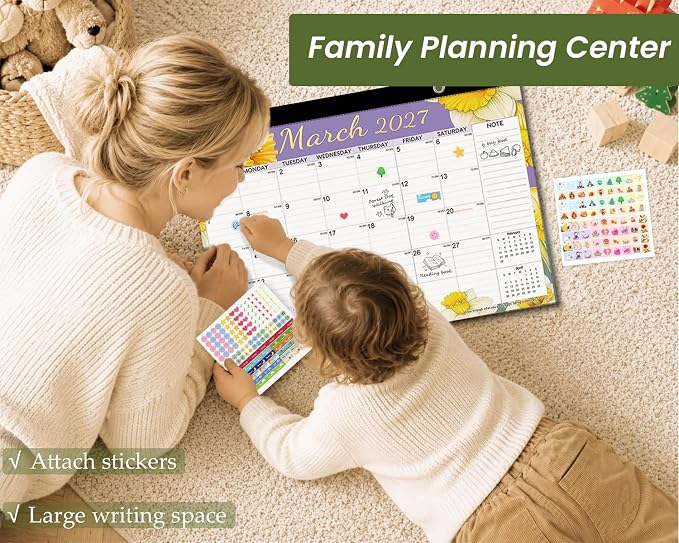 AECCN Desk Calendar 2026-2027 3 Pack, 18 Months Calendar, 17" x 11.4" Large Space, Anti Ink Bleed and Transparent Cover, Desktop Calendars with Stickers for Teacher supplies & Office Planning-Flower