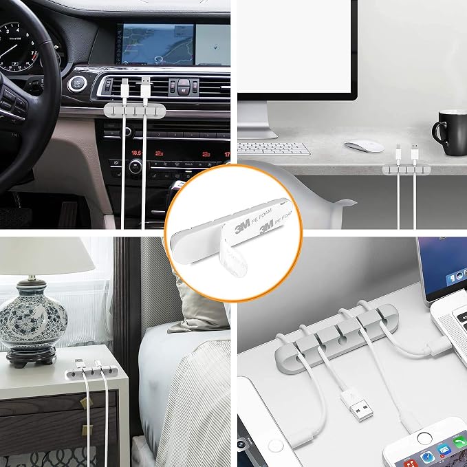 Desk Accessories for Charging Organizer - 5 Packs Grey Computer Desk Accessories and Adhesive Cord Organizer for Cable Holder Cleans Up Messy Wires at Home, Car and Office (7-5-3-1-1 Slots) | Self Adhesive, Office, Car, Grey Silicone Cord Keeper, Cable...