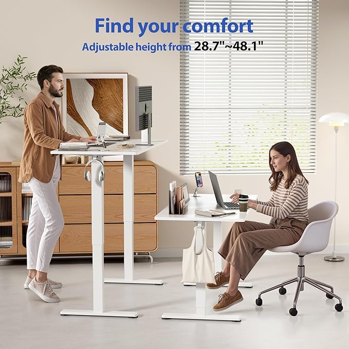 YESHOMY Height Adjustable Electric Standing Desk, 46 x 24 Inches Memory Home Office Sit Stand up Desk with Phone Holder and USB Charging Port, White