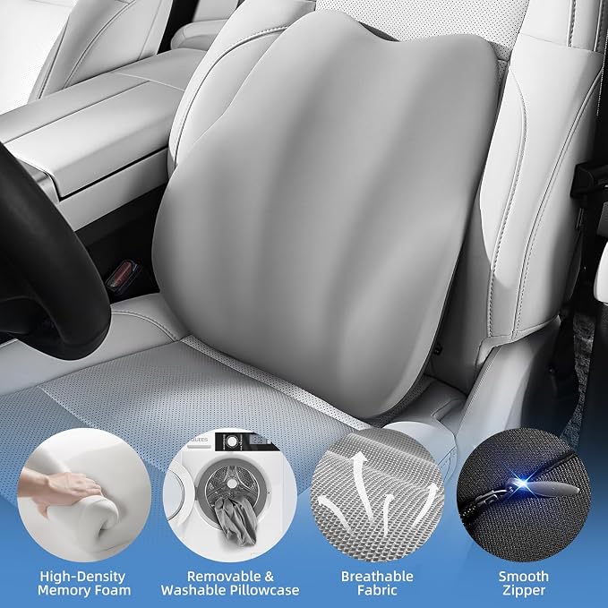 BEBAS Lumbar Support Pillow for Car, Memory Foam Back Cushion for Driving, Ergonomic Lumbar Pillow for Pain Relief, Comfort Lower Back Support for Office Chairs, Car Seat, Wheelchair -Gray