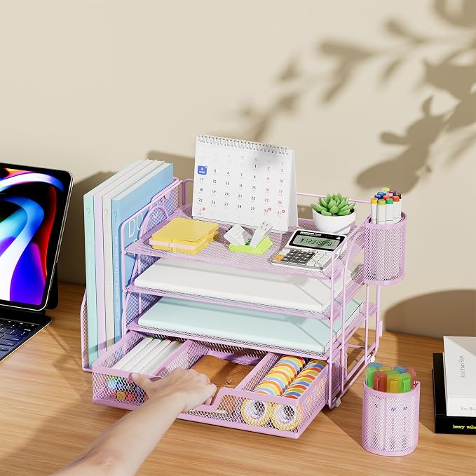 Marbrasse 4-Tier Paper Tray Organizer with Drawer and Pen Holder, Purple | Metal Mesh Desk Organizer, Built-in Drawer & 2 Pen Slots, fits letters/Files, for School Home Office Supplies