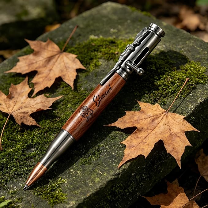 Custom Bolt Action Pen Gift Set with Engraving Personalized Metal Pen Gifts for Men Husband Father Boyfriend Grandfather Brothers Graduate (Wooden Pen)
