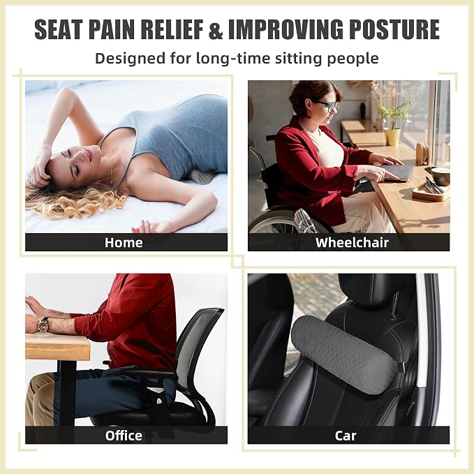 Coeyese Lumbar Roll Pillow for Lower Back Support, Dark Grey, 11 * 4.3'' | Removable Pillowcase, Upgraded Adjustable Strap, Suitable for Office, Chair, Car, Seat Pain Relief & Improving Posture