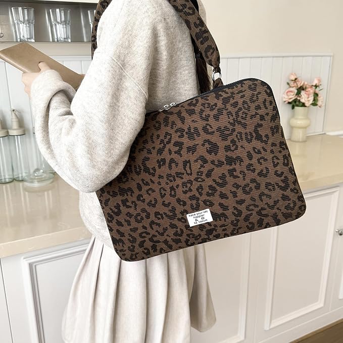 Leopard Print Laptop Case 11, 13,15 Inch Quilted Laptop Sleeve Soft Protective Cheetah Computer Sleeve for MacBook (Coffee, with Strap, 15 Inch)