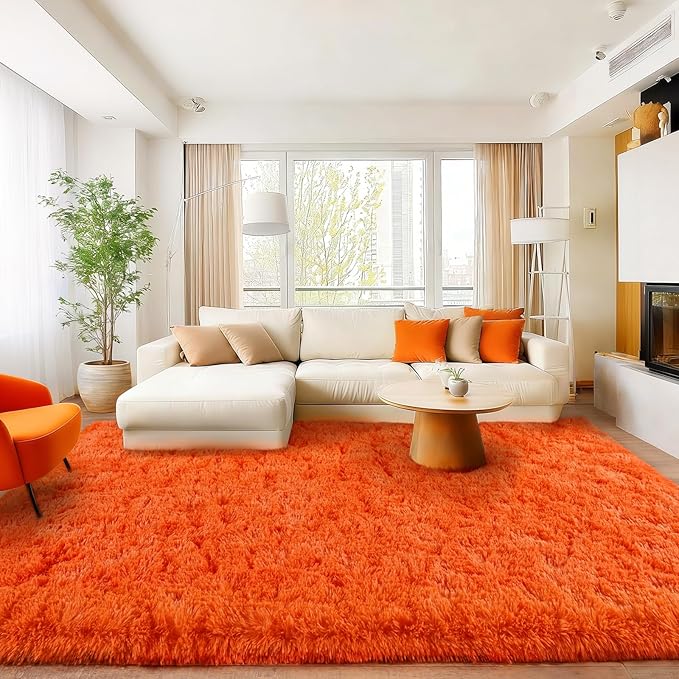 Area Rugs for Living Room Bedroom 9x12, Ultra Fluffy Shag Rug Modern Washable Carpet Soft Shaggy Non Slip Indoor Plush Fuzzy Rugs for Bedroom Dorm Office Home Aesthetic Decor, Orange