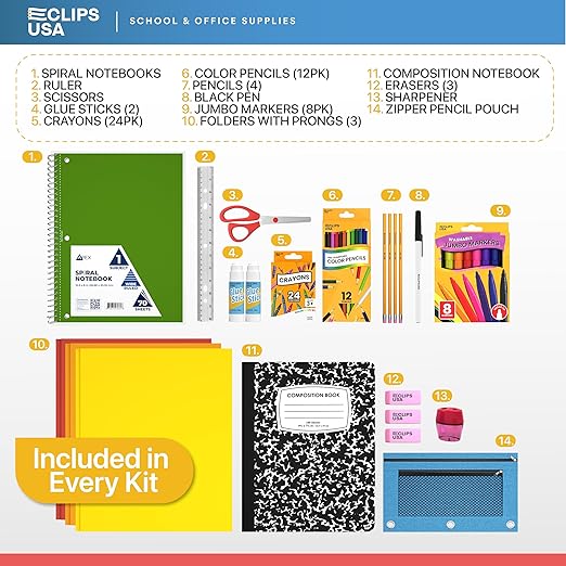 School Supplies for Kids (12 Kits Bulk), Back to School Supply Box, Supplies for Girls Or Boys, Supplies Bundle Kit (12)