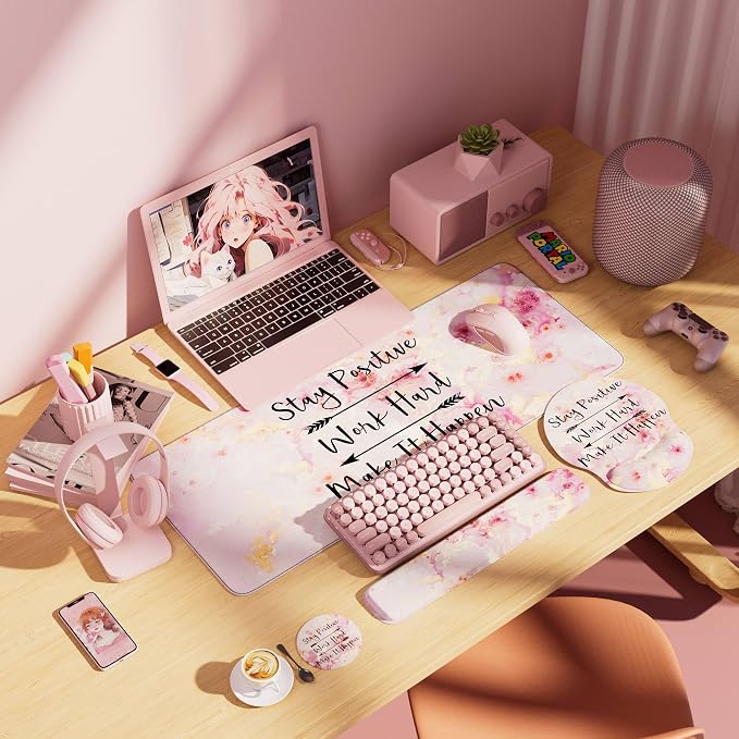 Large Mouse Pad and Keyboard Wrist Rest + Desk Mat Set,Full Long Mouse Pads for Desk Accessories with Memory Foam Gel Pink Mousepad for Women Computer Desktop Office Work-Pink & Black Slogan | Ergonomic,Pain Relief, 4-in-1 Large Big Mousepad Computer M...