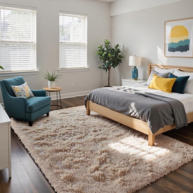 Fluffy Rug Shag Area Rug, Beige 5x8 Area Rugs for Bedroom, Small Bedside Rug, Soft Fluffy Shag Entryway Throw Rugs for Living Room Bedroom Room Home Decor