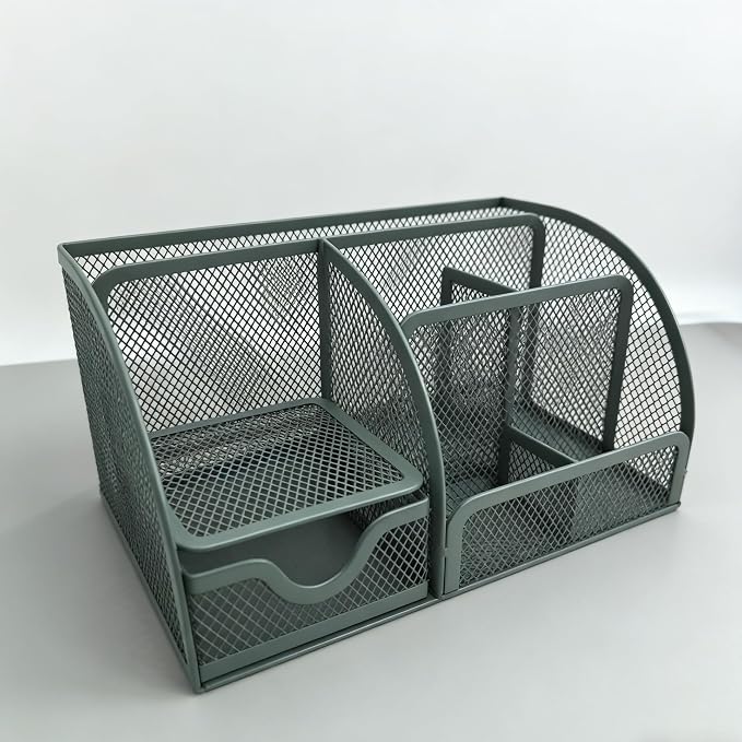 Fengtaiyuan T20, Forest Green Metal Mesh Desk Organizer with Drawer, 8.66x5.12x5.51 inch Multi-functional Desktop Storage Caddy for Office, School, Art Supplies (T20)